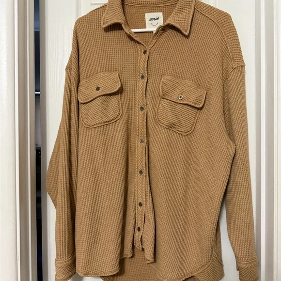 aerie Camel Waffle-Knit Button Shirt Jacket - Picture 1 of 3